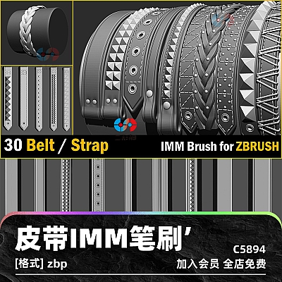 30 IMM Belt / Strap Brush for Zbrush  zbrush皮带笔刷IMM表带zb画笔建模素材塑形纹理游戏美术雕刻图案C5894