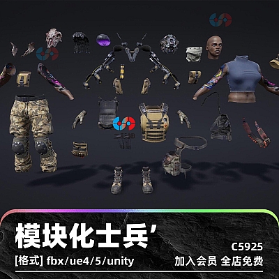 C4D女性士兵UE4展示UE5模块化游戏角色展示unity人物fbx模型建模C5925
