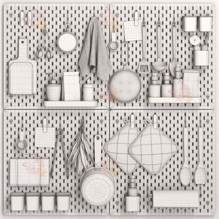 厨房配件挂件粘板锅漏勺铲子油壶套件C4D模型3D设计建模素材