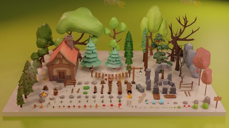LowPoly Nature - Trees Grass and Rocks 3D model