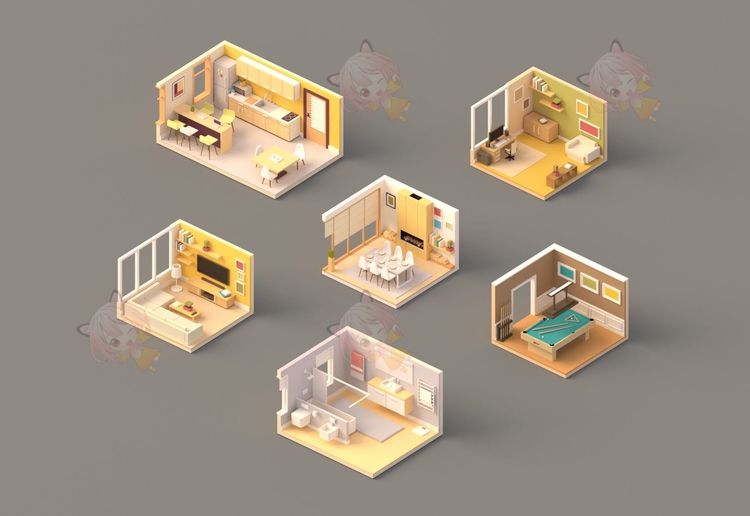 Low poly Rooms pack VR / AR / low-poly 3d model