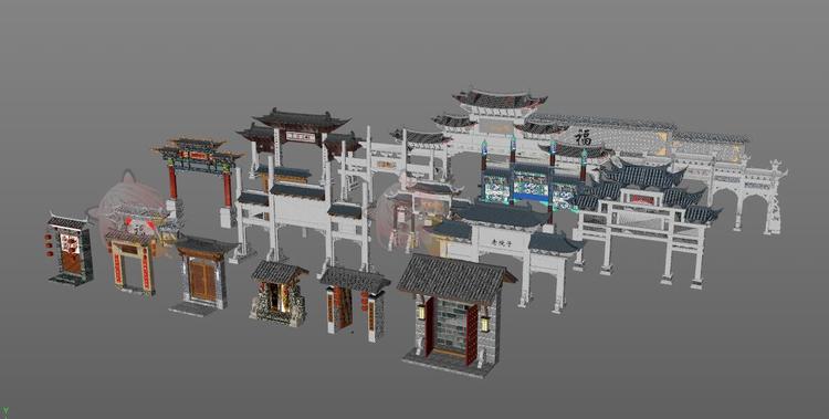 建筑城门口石牌坊门口门楼C4D模型fbx格式3D立体三维设计素材下载C3630