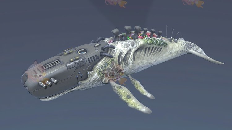 C4D生物力学科幻机械合成鲸鱼模型3D设计素材fbx源文件blend渲染C3714