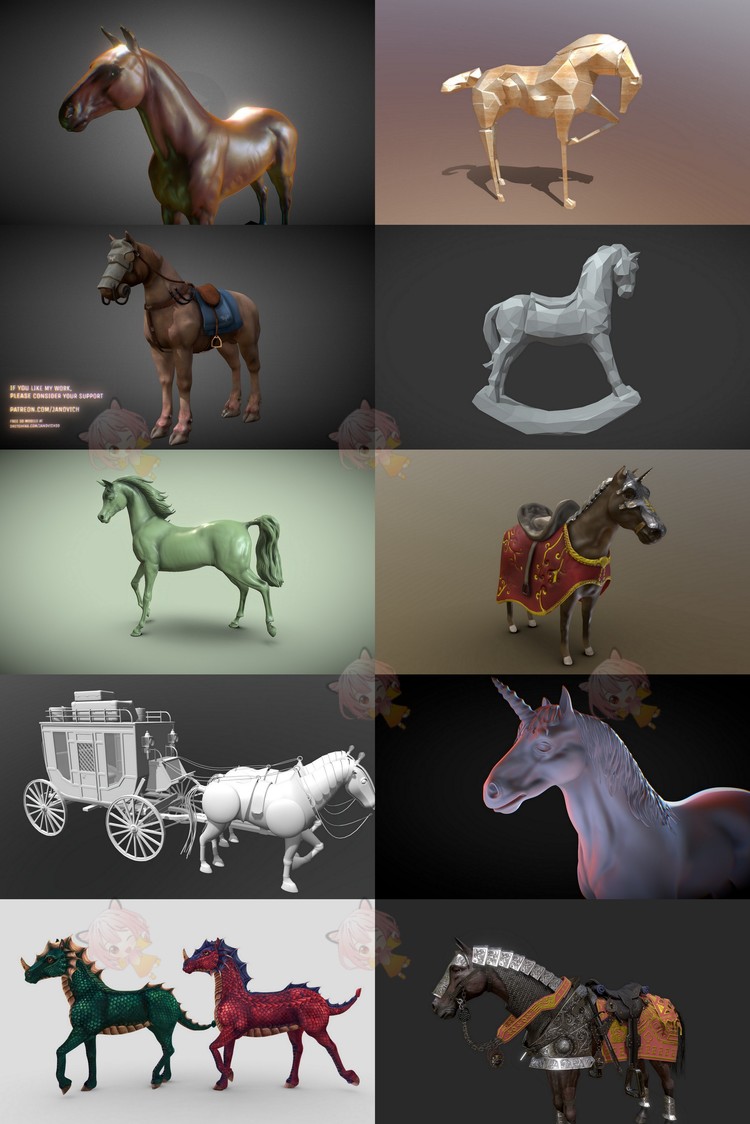 C4D马3D模型blend渲染fbx设计素材骷髅骨骼战马木马maya雕塑建模C3747