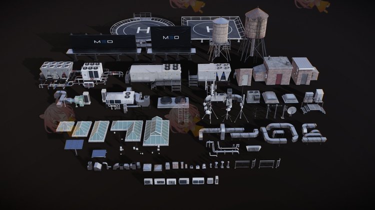 C4D屋顶道具设备模型游戏素材blend渲染obj建模fbx设计maya广告牌C3779