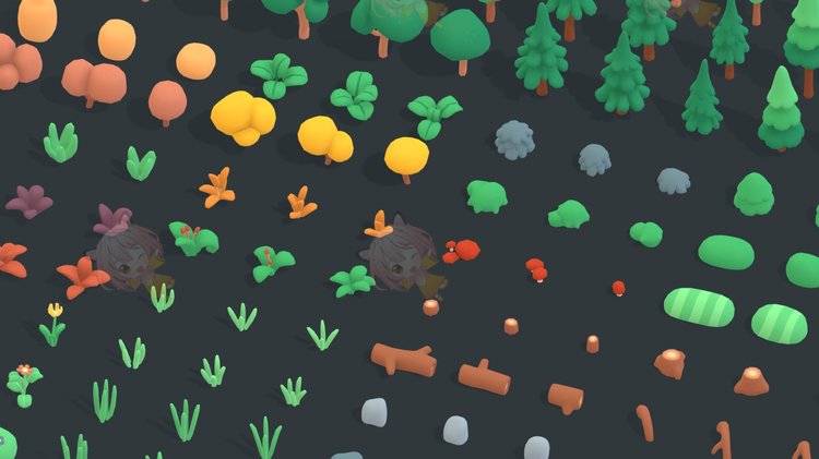 C4D卡通低模植物模型blend渲染obj建模fbx素材树木3D花草石头树枝C3784