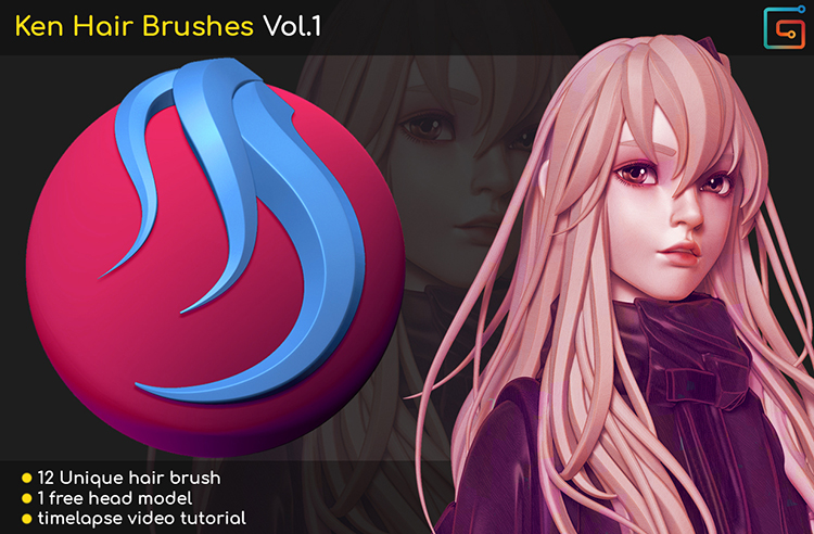 zbrush低模卡通二次元动漫人物头发辫子zb笔刷OBJ头部ZBP毛刷发刷C3790