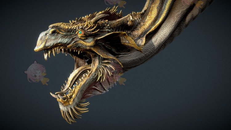 C4D金龙Golden Dragon蜥蜴龙blend渲染fbx建模obj设计maya素材3D C3797