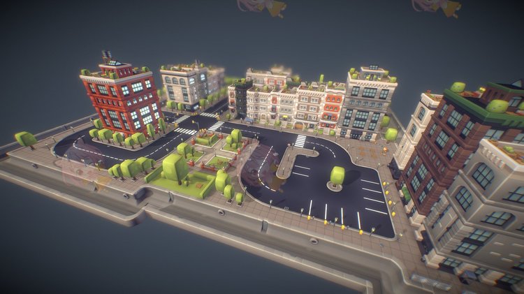 C4D卡通城市游戏资产建筑道路景观植物blend渲染fbx建模obj源文件C3811