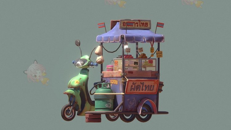 C4D街头路边摊美食餐车摩托车3D游戏资产blend渲染fbx建模obj素材C3812