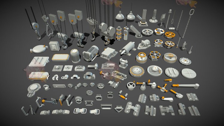 C4D工业设备阀门起重机吊钩门工厂把手马达obj锁blend渲染fbx建模C3817