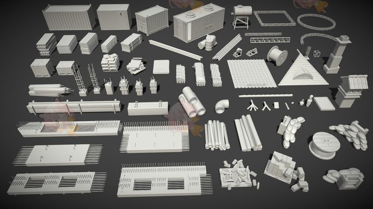 C4D建筑施工包水泥钢筋结构体obj管道blend渲染fbx建模屋顶3D素材C3822