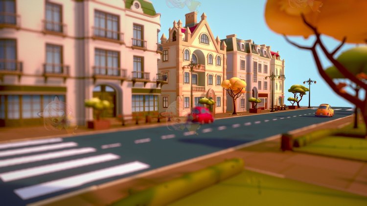 C4D卡通复古欧洲小镇大楼汽车公园3D道路blend渲染fbx建模obj素材C3862