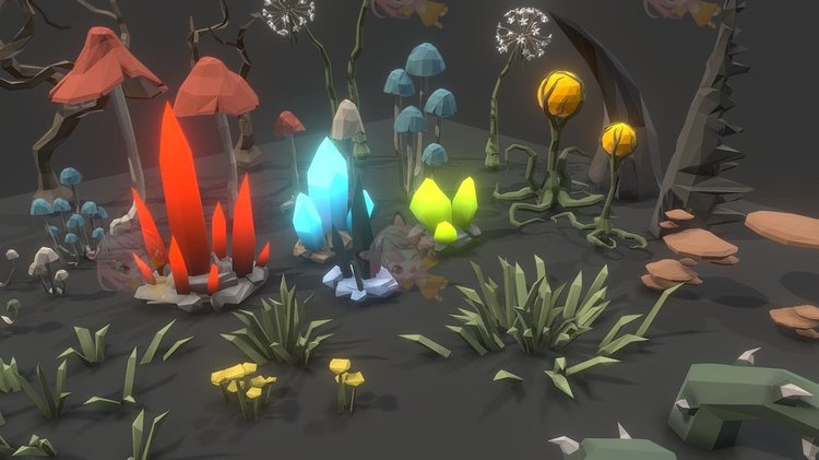 低聚C4D卡通地牢植物牢房花草blend渲染fbx建模obj设计素材源文件C3873