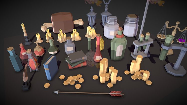 低聚C4D地牢物品蜡烛瓶罐魔药天平秤blend渲染fbx建模obj设计素材C3880