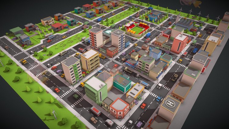 C4D卡通城市房屋建筑道路车辆3D低模obj树木模型blend渲染fbx建模C3912