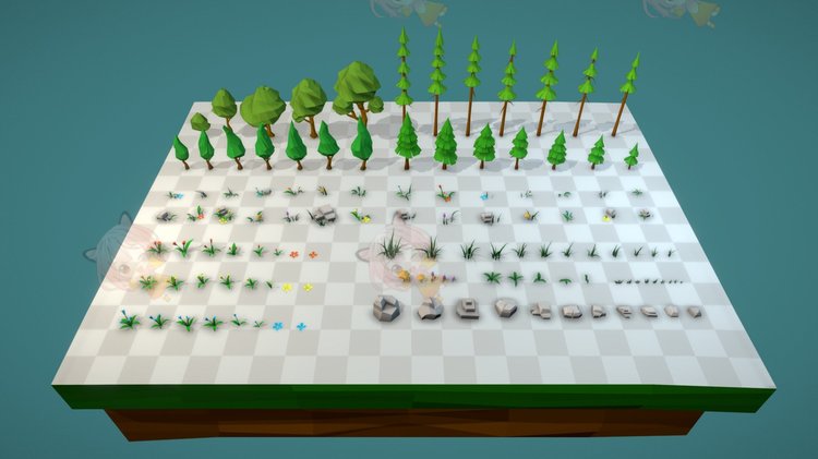 C4D低模lowpoly花草树木岩石模型3D石块blend渲染fbx建模obj素材C3913