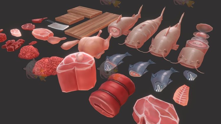 C4D卡通鲜肉模型鱼肉猪肉鸡肉低聚blend渲染fbx建模obj设计3D素材C3928