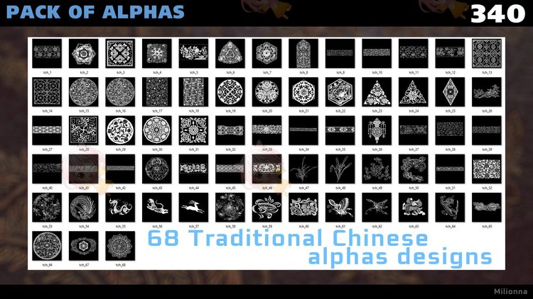 C4D国风古风alpha灰度图贴图纹理龙凤云纹祥云图腾图案设计素材库C3942