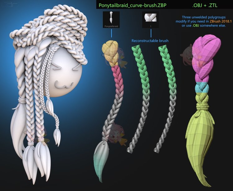 zbrush辫子笔刷zb画笔建模3D设计素材塑形纹理编发imm笔刷zbp头发C3944