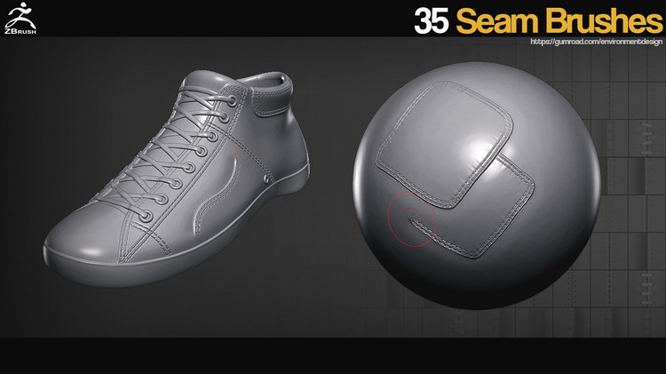 zbrush布料接缝针缝痕迹拉链笔刷zb画笔建模zbp设计素材塑形纹理C3951