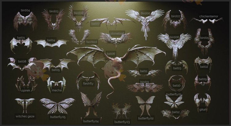 zbrush翅膀笔刷怪兽角色zbp生物肉翅zb画笔obj建模fbx塑形imm雕刻C3960