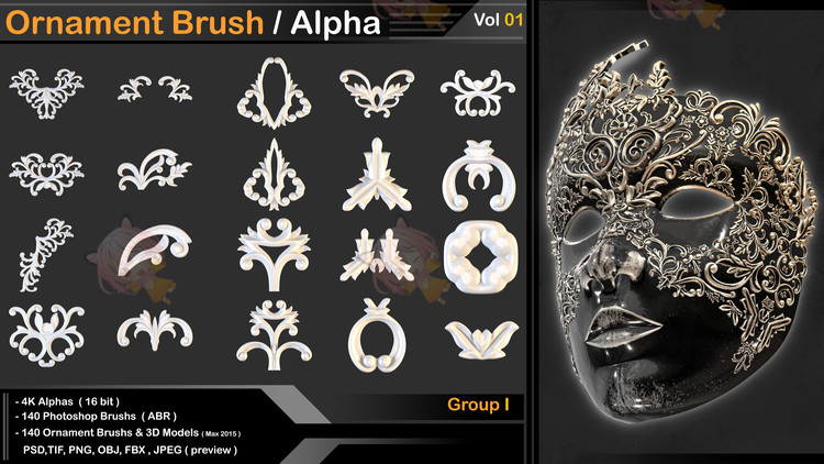 C4D装饰花纹Alpha贴图zbrush笔刷obj建模fbx渲染设计素材abr画笔C3968