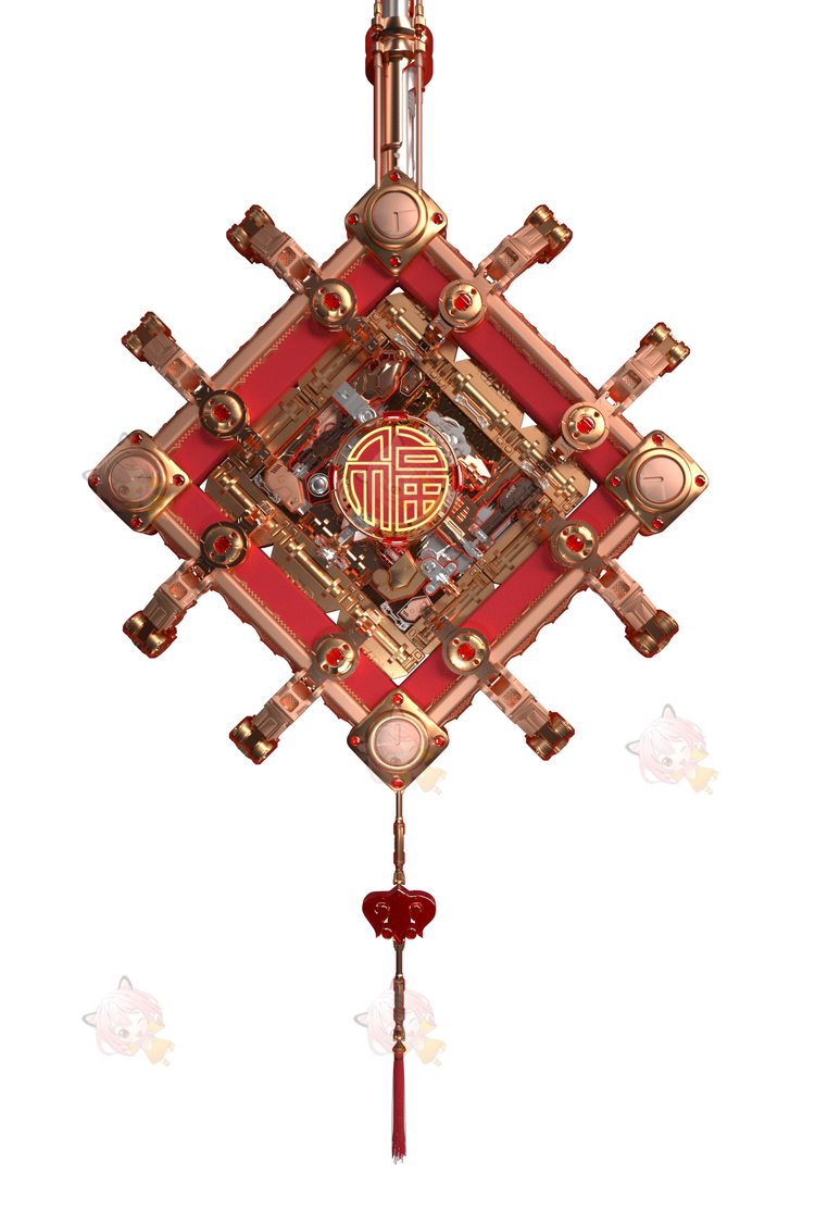 2022新年虎年元旦贺岁金属机械元素福字灯笼C4D建模oc渲染源文件C3979