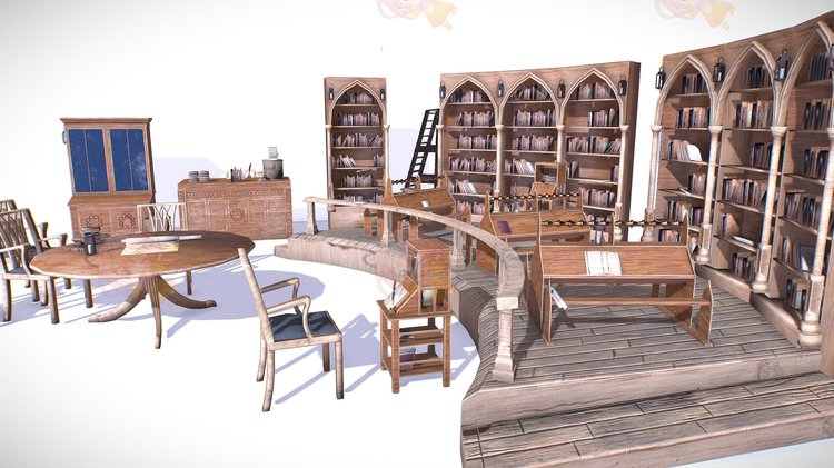 C4D中世纪图书馆木架木桌木椅obj阅读区maya模型blend渲染fbx建模C3983