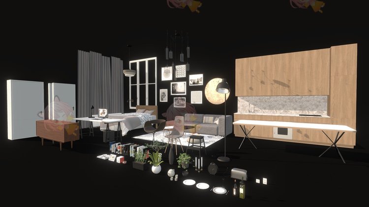 C4D现代公寓家具装饰品桌椅obj床maya沙发3D模型blend渲染fbx建模C3984
