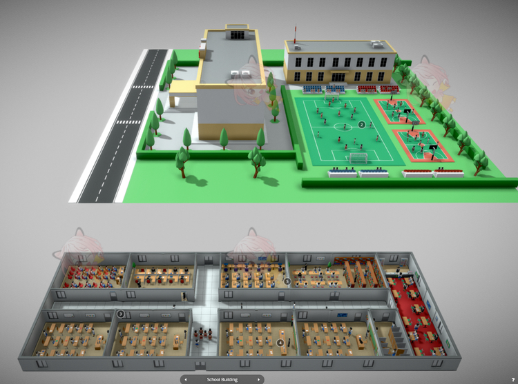 C4D卡通低聚学校场景操场教学楼obj教室maya模型blend渲染fbx建模C3997