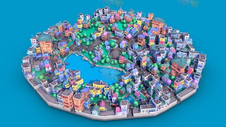 C4D卡通滑稽小镇城市场景3D模型blend渲染fbx建模obj设计maya素材C4002