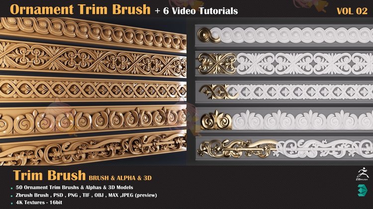 zbrush装饰雕花笔刷zb建模obj设计3D素材C4D塑形纹理填充雕刻图案C4029