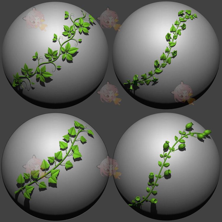zbrush植物藤蔓树叶柳叶花朵曲线笔刷zb画笔建模设计素材塑形雕刻C4034