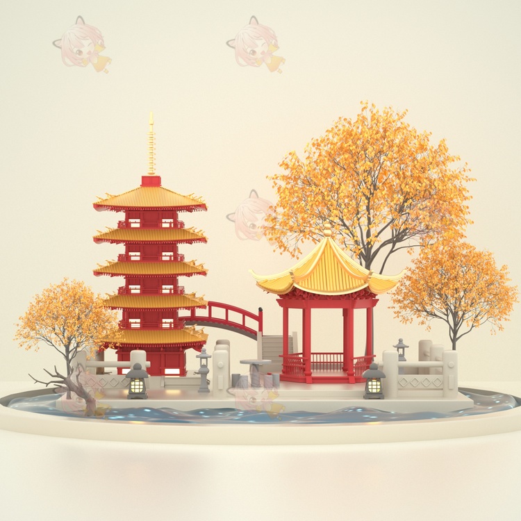 C4D中国红古风园林艺术造型古风小场景3D模型OC渲染建模设计素材文件下载C4049