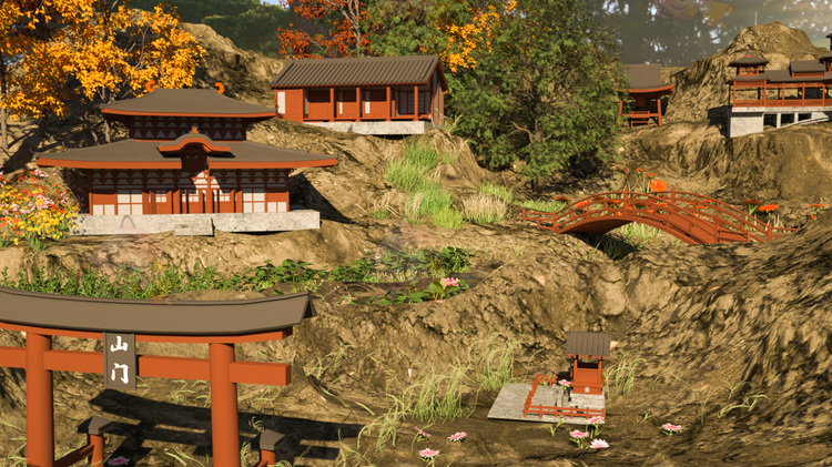 C4D古建筑山上的建筑宗派山门创意场景3D模型OC渲染建模设计素材文件下载C4052