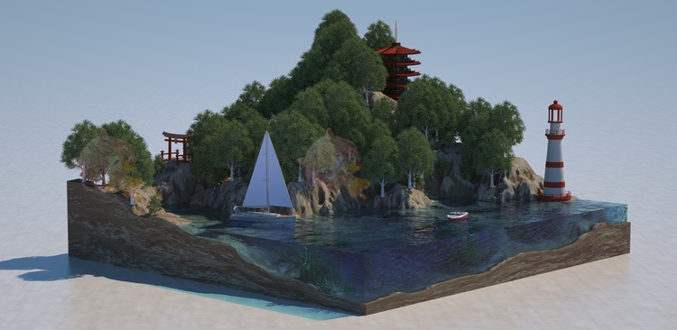 C4D古风水面岛屿寺庙树木古风山水3D模型OC渲染建模设计素材C4054