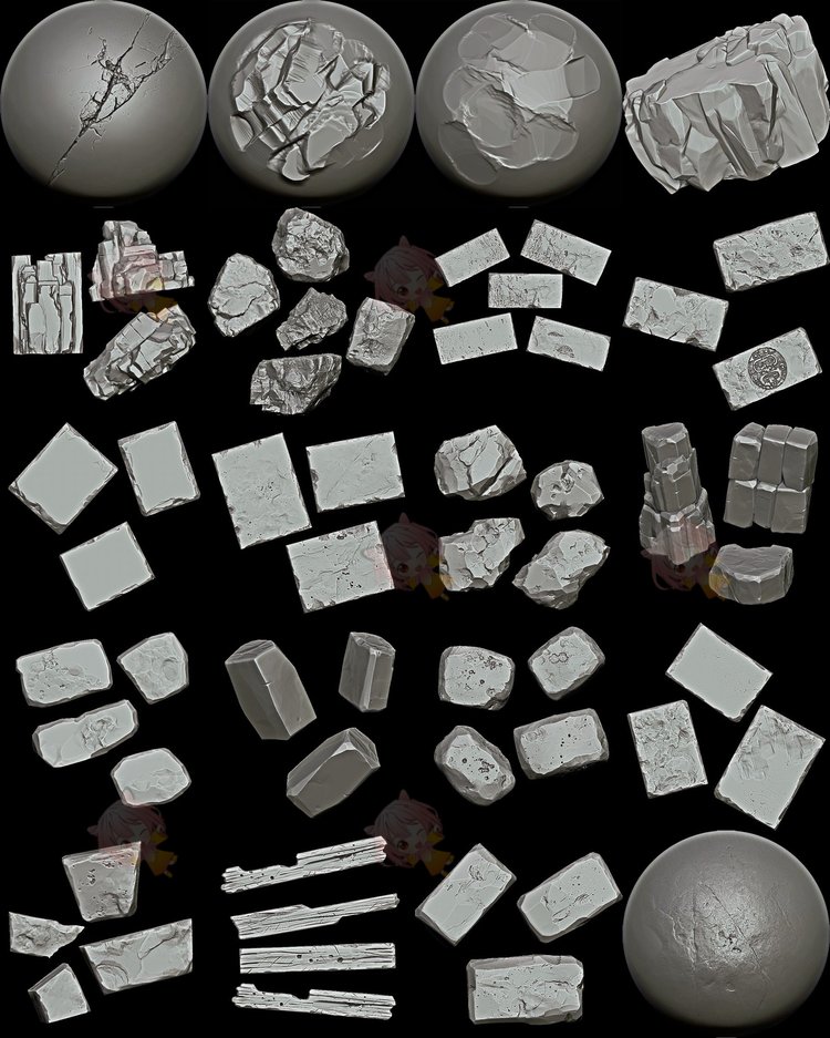 zbrush写实石块石砖石头岩石zb画笔建模设计素材塑形纹理填充雕刻C4060