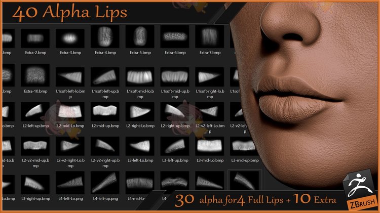 zbrush阿尔法嘴唇贴图Alpha设计素材blender嘴巴皮肤细节褶皱纹理C4066