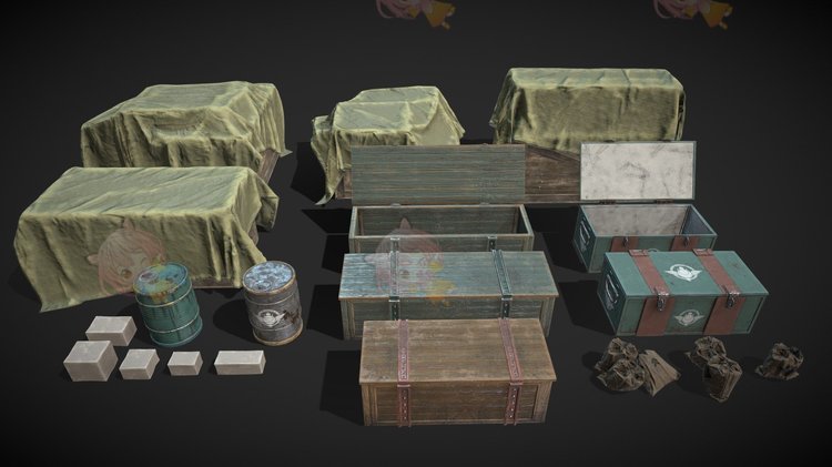 C4D货物包装木箱子铁桶盒子容器3D模型blender渲染fbx建模obj素材C4085