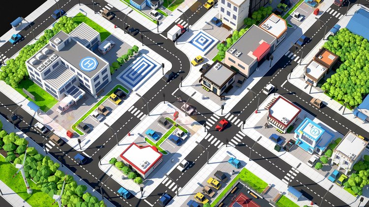 C4D卡通低聚城市场景等距blend游戏资产fbx街道obj建筑环境3D模型C4099
