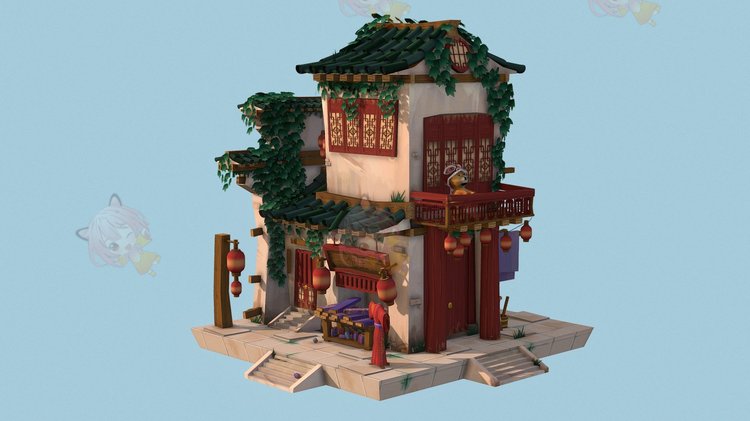 C4D古代卡通布庄maya建筑UE4藤蔓3D模型blend渲染fbx建模obj素材C4100