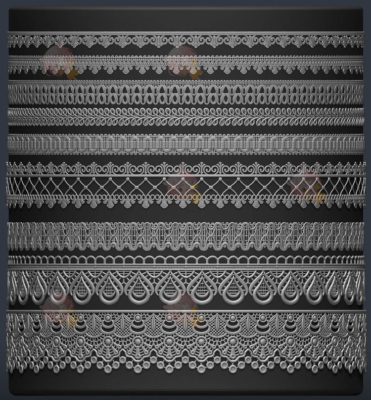 zbrush蕾丝花边底纹笔刷zb画笔obj建模设计素材塑形纹理填充图案C4178