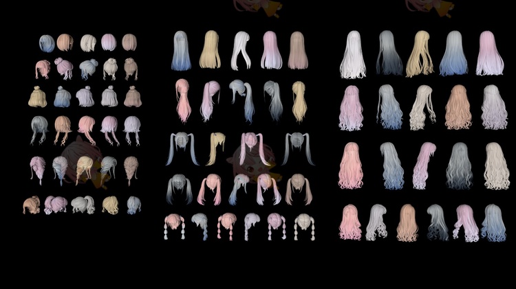 二次元女孩辫子双马尾萌妹头发3D模型maya渲染fbx建模obj设计素材C4187