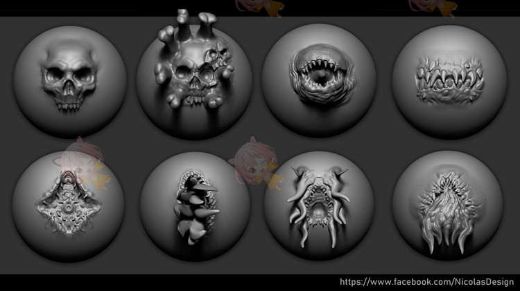 zbrush恐怖主题鬼魂恶魔表面触角獠牙笔刷zb画笔建模塑形填充素材C4237