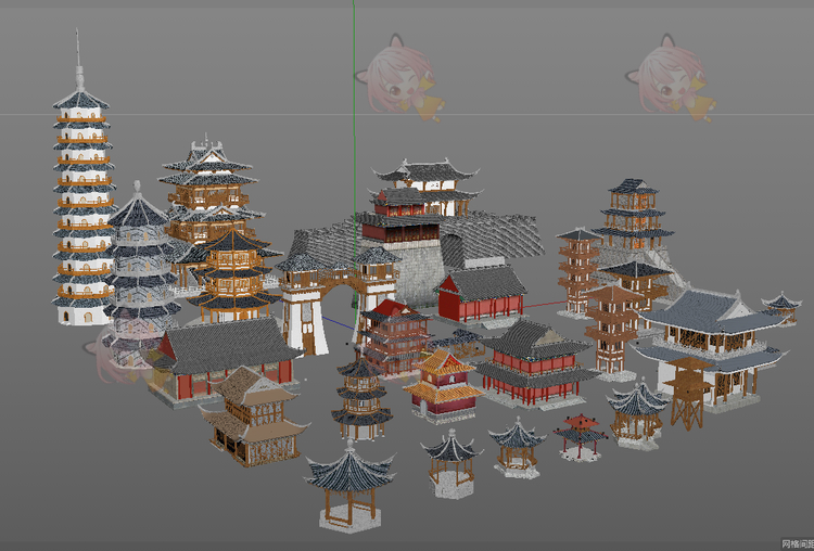 C4D古风复古城门城楼宝塔亭台楼阁3D模型max渲染fbx建模obj源文件C4240