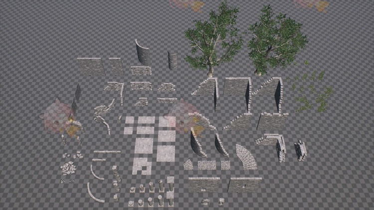 UE4远古遗迹古代废墟杂草破败建筑模型虚幻4电影游戏场景植物岩石C4244