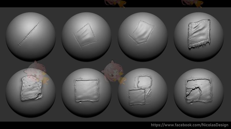 zbrush布料皮革破损补丁VDM笔刷zb画笔建模素材塑形纹理游戏图案C4246