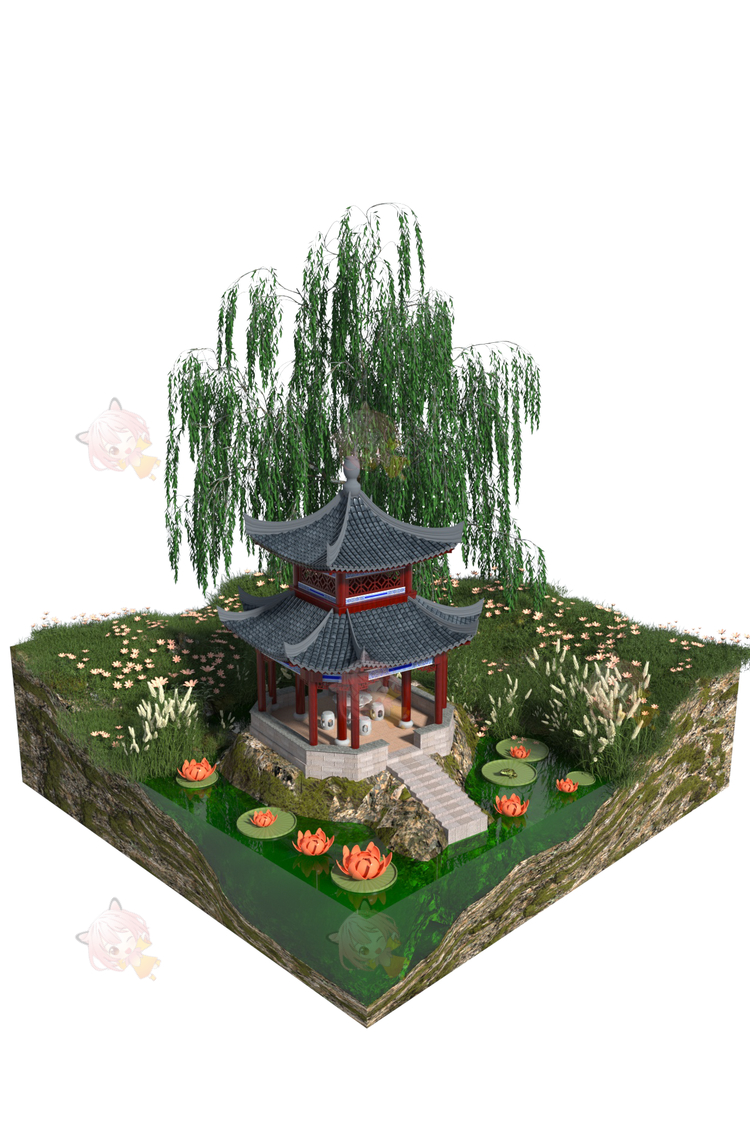 C4D古风古典中式微缩建筑亭子柳树荷花草地池塘花草OC渲染3D建模C4255