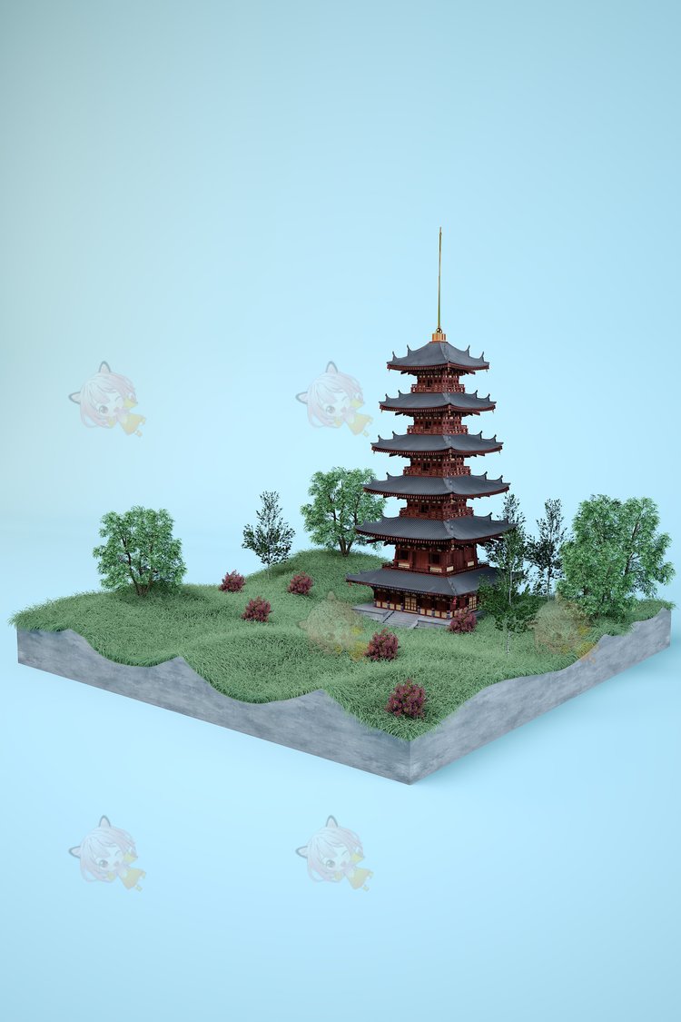 C4D创意宝塔古风建筑元素园艺园林景观3D模型vray渲染建模源文件C4256